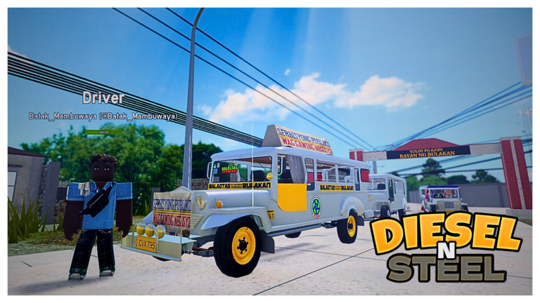 Official Diesel N Steel Roblox thumbnail showing a driver beside jeepneys on a Bulakan route